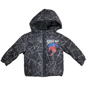 Marvel Spider-Man Toddler Boys Puffer Jacket Black Spiderweb Print 2T NWT